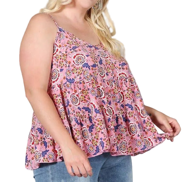 Plus Size Top Floral Paisley Print Ruffle Cami