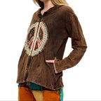 Zip-Up Jacket Vintage Washed Peace Sign Patch Embroidered