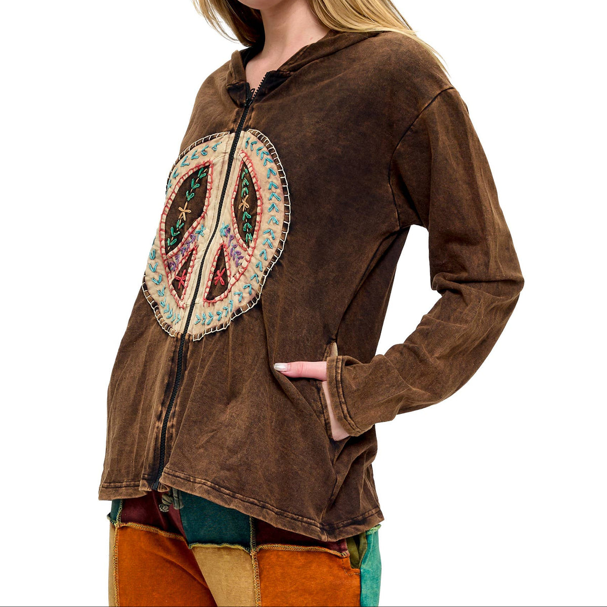 Zip-Up Jacket Vintage Washed Peace Sign Patch Embroidered