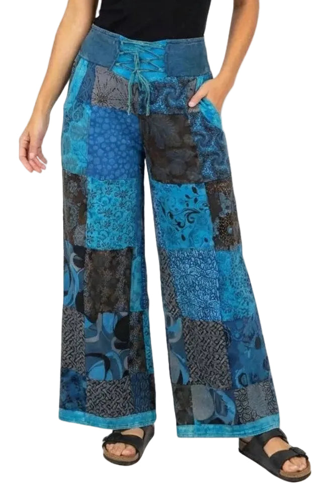Palazzo Patchwork Pants w/ Lace-up Waistband