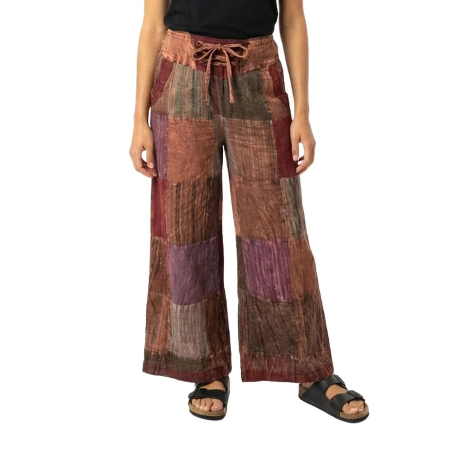 Multicolor Palazzo Patchwork Pants w/ Lace-up Waist
