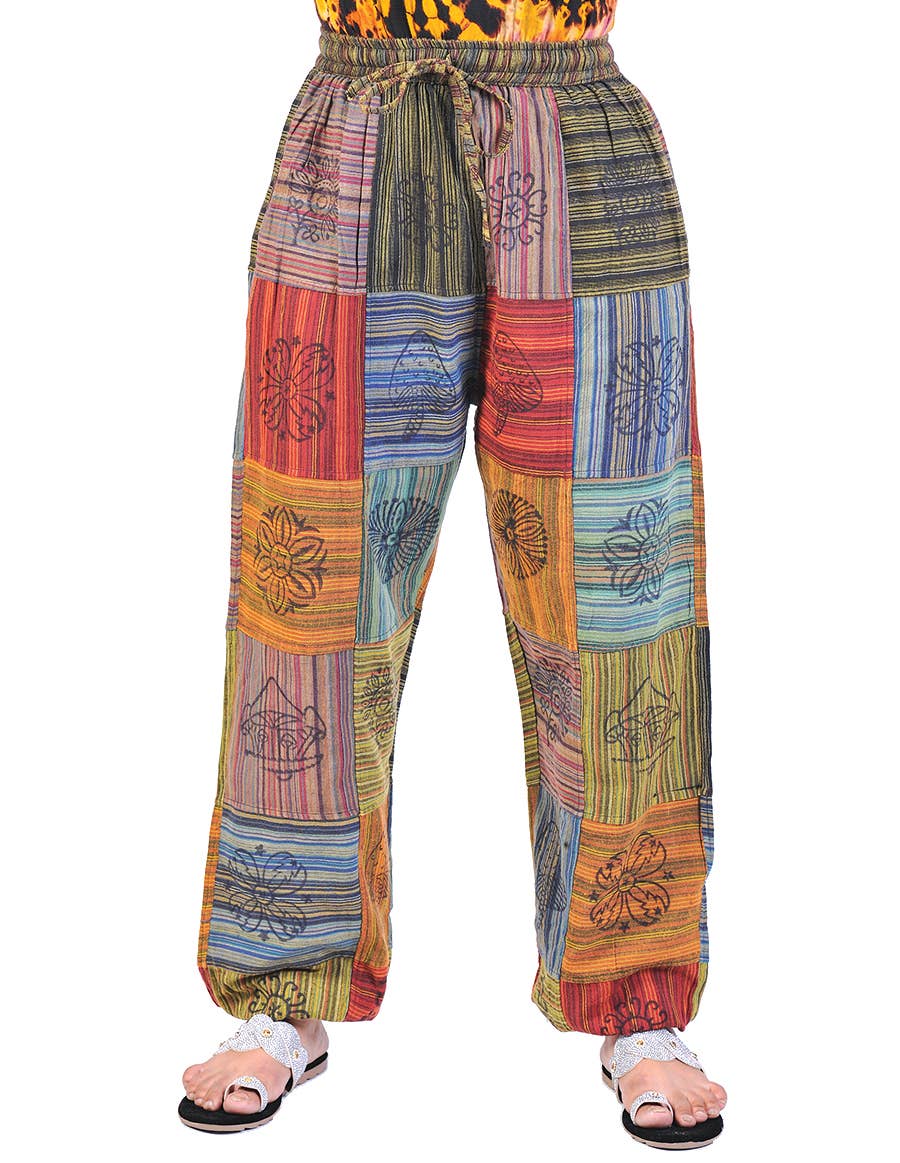 Cotton Square Patch and Hand Print Boho Genie Harem Pants