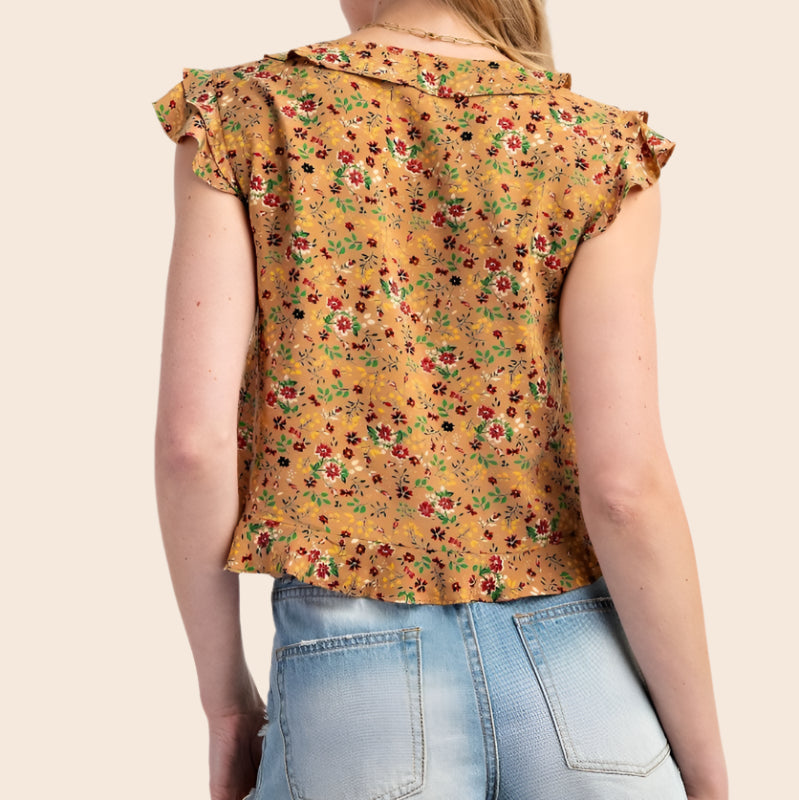 Floral Printed Cap Sleeve Button Down