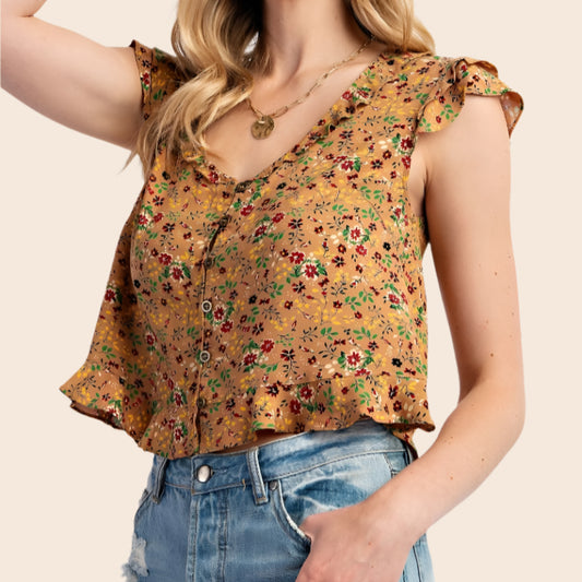 Floral Printed Cap Sleeve Button Down