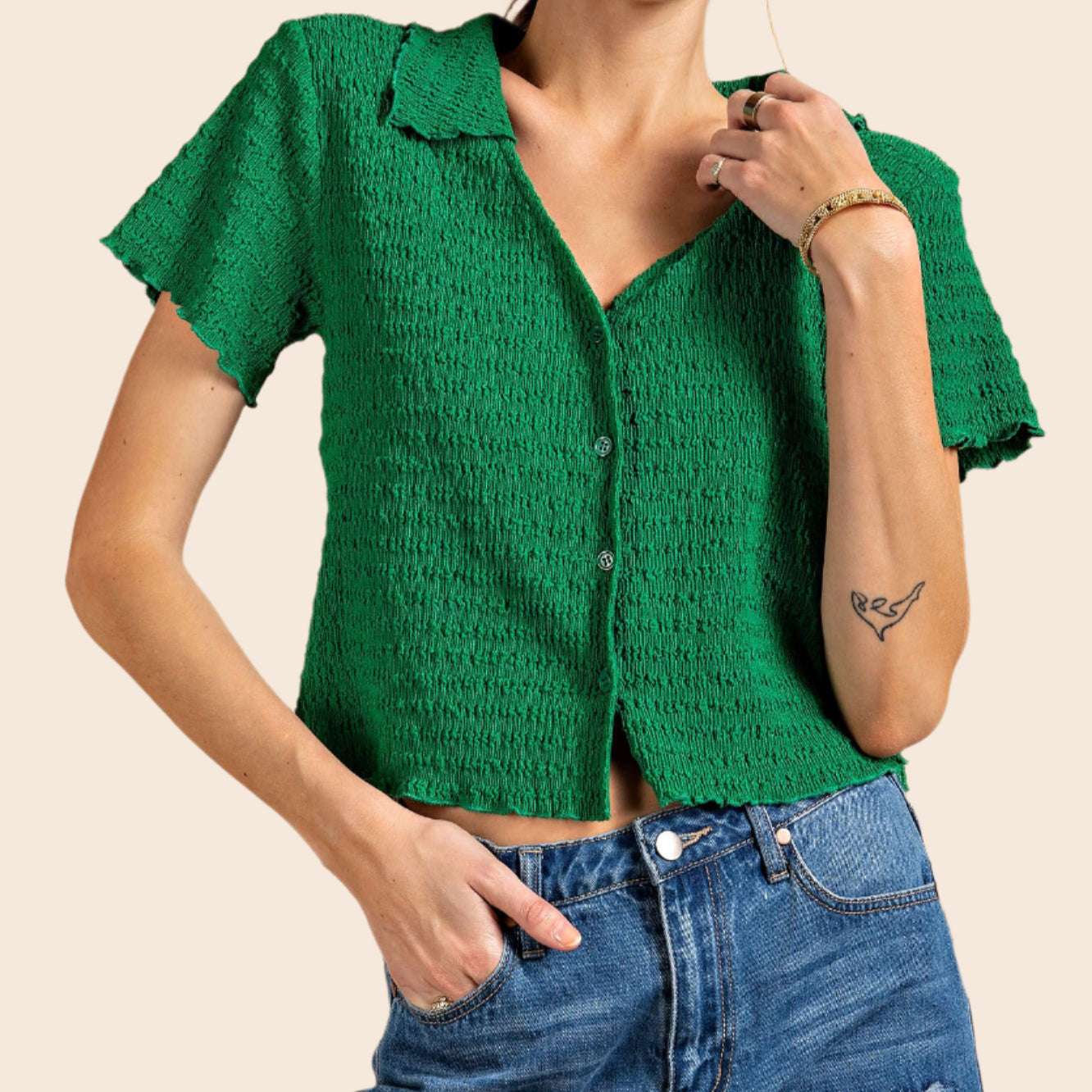 Textured Cropped Button Up