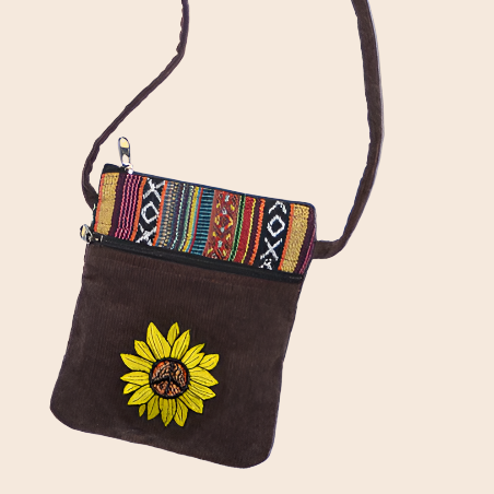 Peace Sunflower Embroidered Corduroy Gheri Pouch Bag