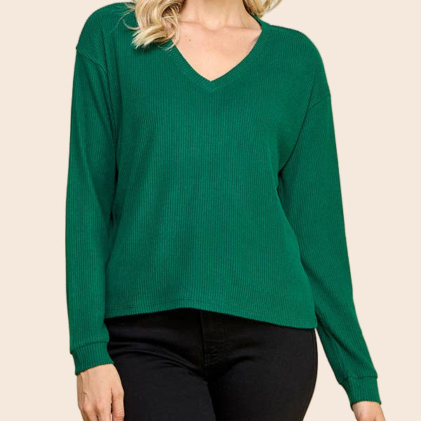V-Neck Brushed Rib Long Sleeve Top