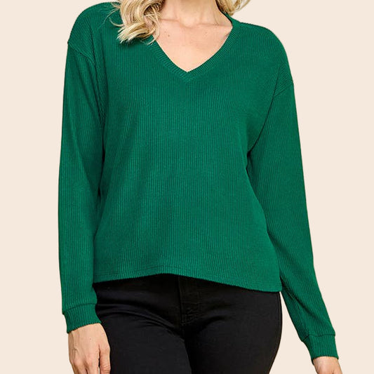 V-Neck Brushed Rib Long Sleeve Top