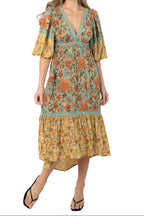 Floral Print Lace Trim Midi Dress