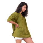 Button V-Neck Shirt, Cotton Acid Wash Long Sleeve