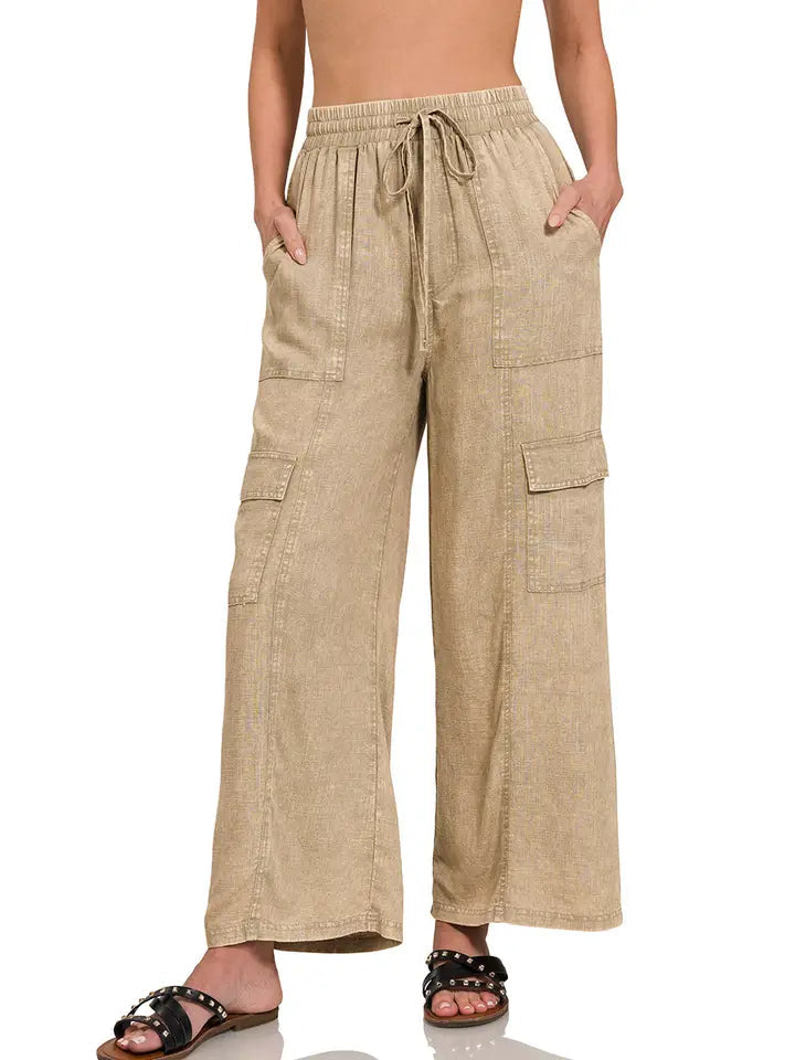 Washed Linen Elastic Waist Cargo Pants
