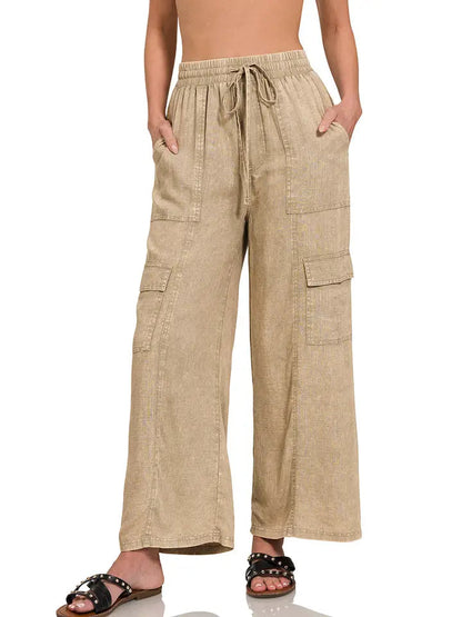 Washed Linen Elastic Waist Cargo Pants