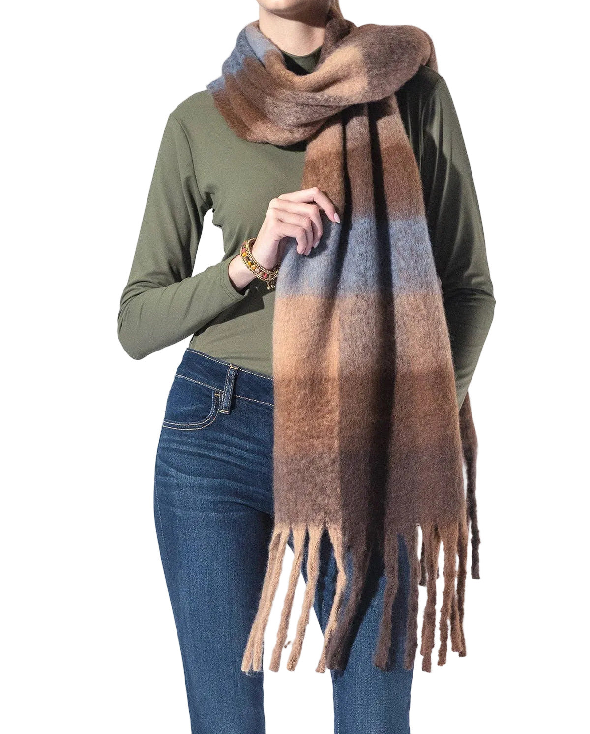 Checkered Brown Fringe Scarf