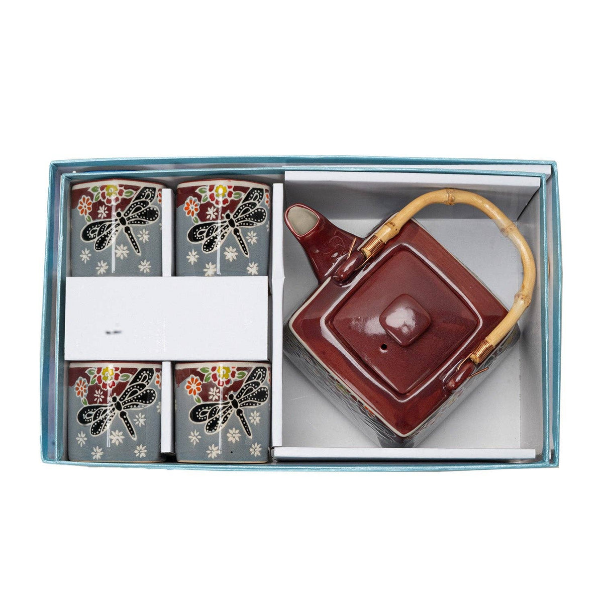 Dragonfly Tombo Porcelain Tea Set – 20 oz Teapot with 4 Hexagon Cups