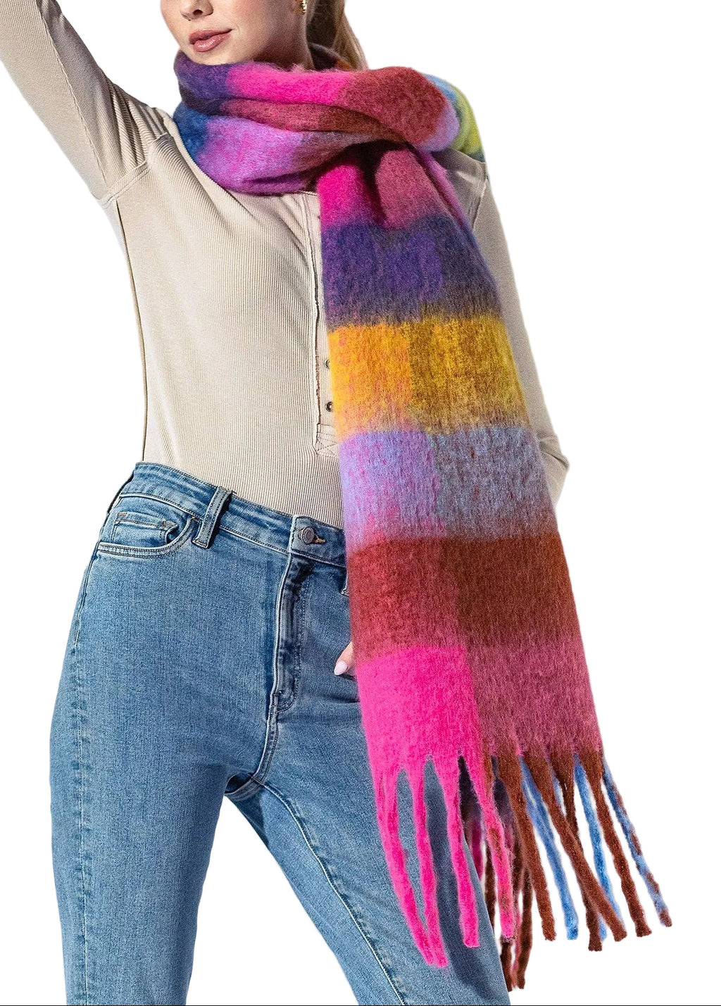 Checkered Fuchsia Fringe Scarf