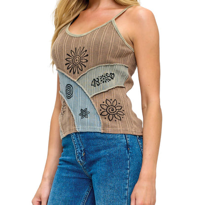 Boho Patchwork Ribbed Tank Top Art Painted