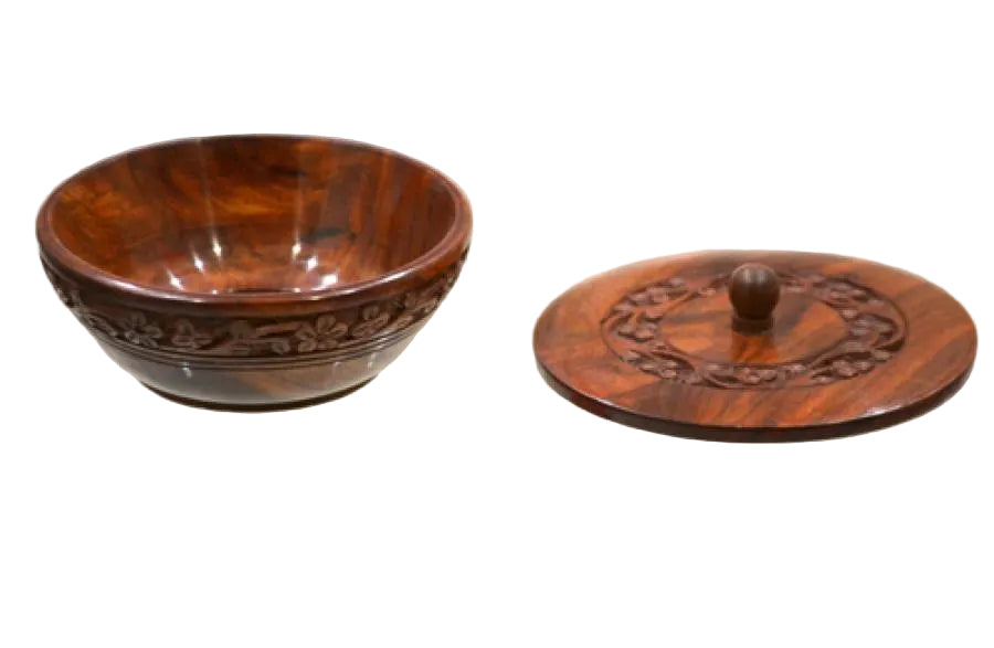Floral Carved Wooden Bowl w/Lid