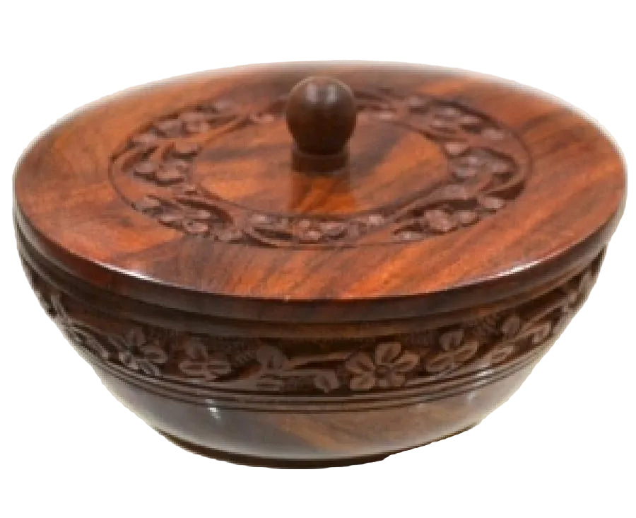 Floral Carved Wooden Bowl w/Lid