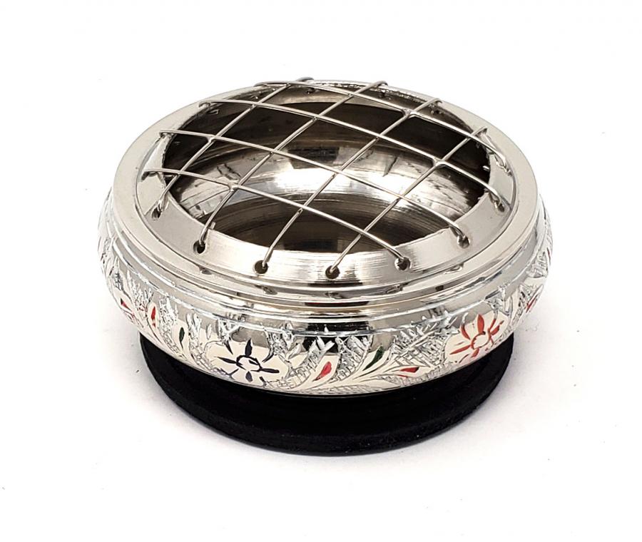 Silver Finish Engraved and Painted Brass Charcoal Burner