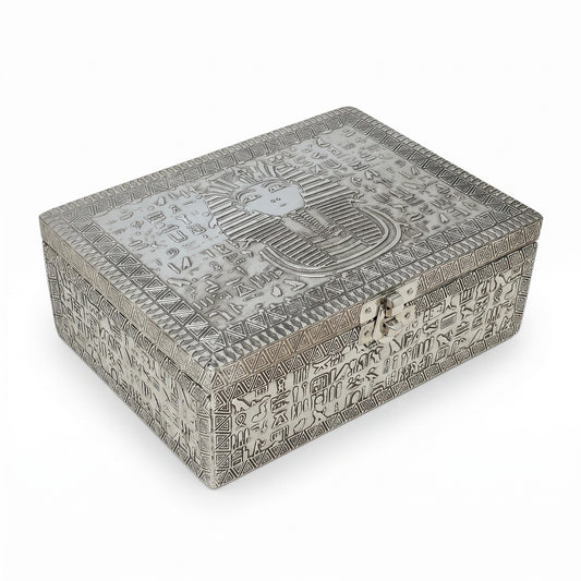 King Tut Carved Wood Over Metal Box