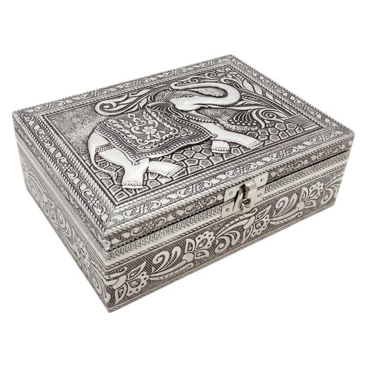 Elephant Carved Wood Over Metal Box
