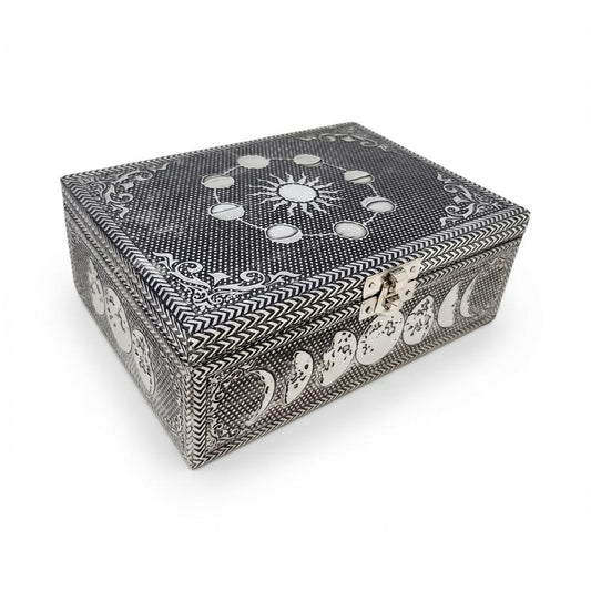 Moon Phase Carved Wood Over Metal Box