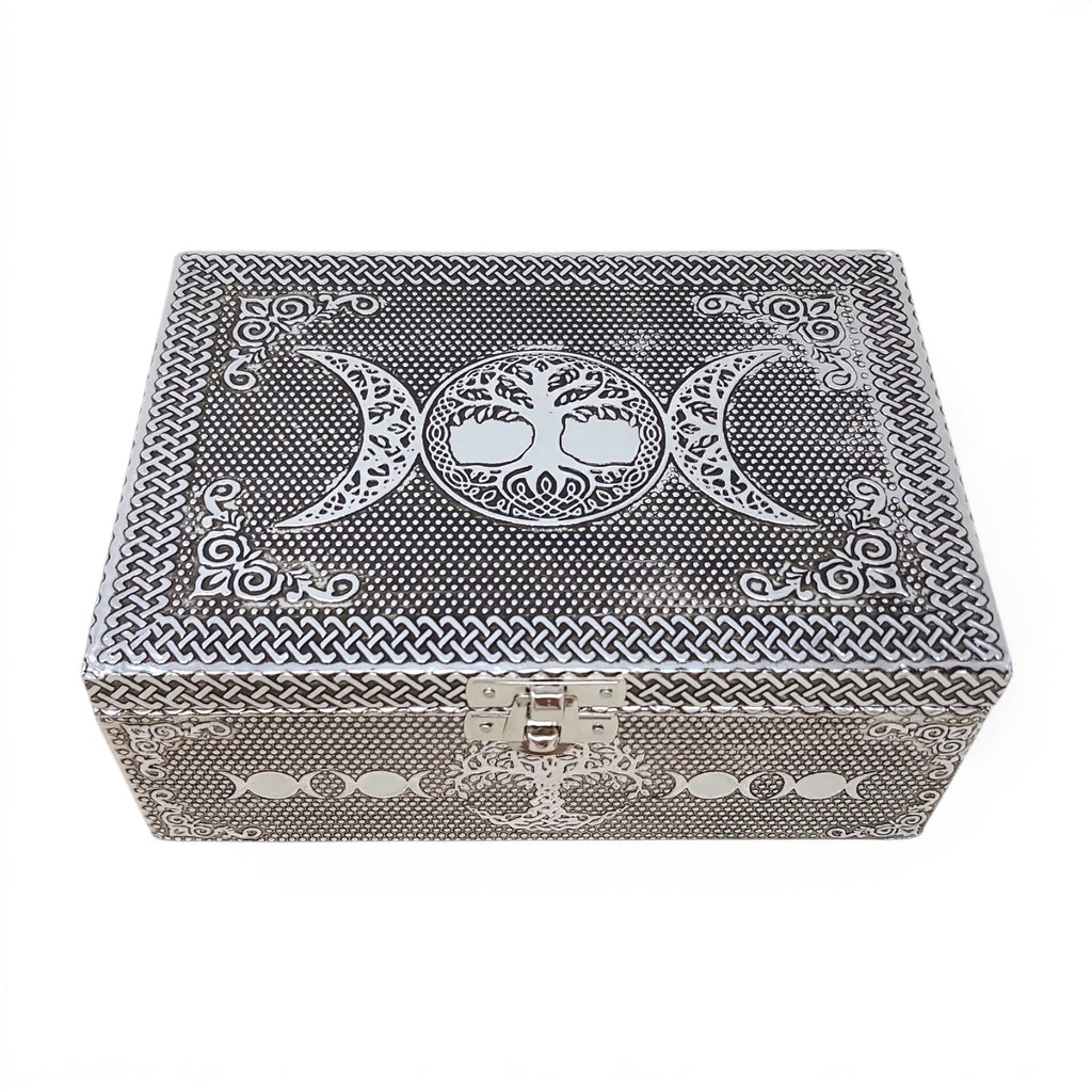 Triple Moon Tree of Life Carved Wood Over Metal Box