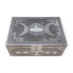 Triple Moon Tree of Life Carved Wood Over Metal Box