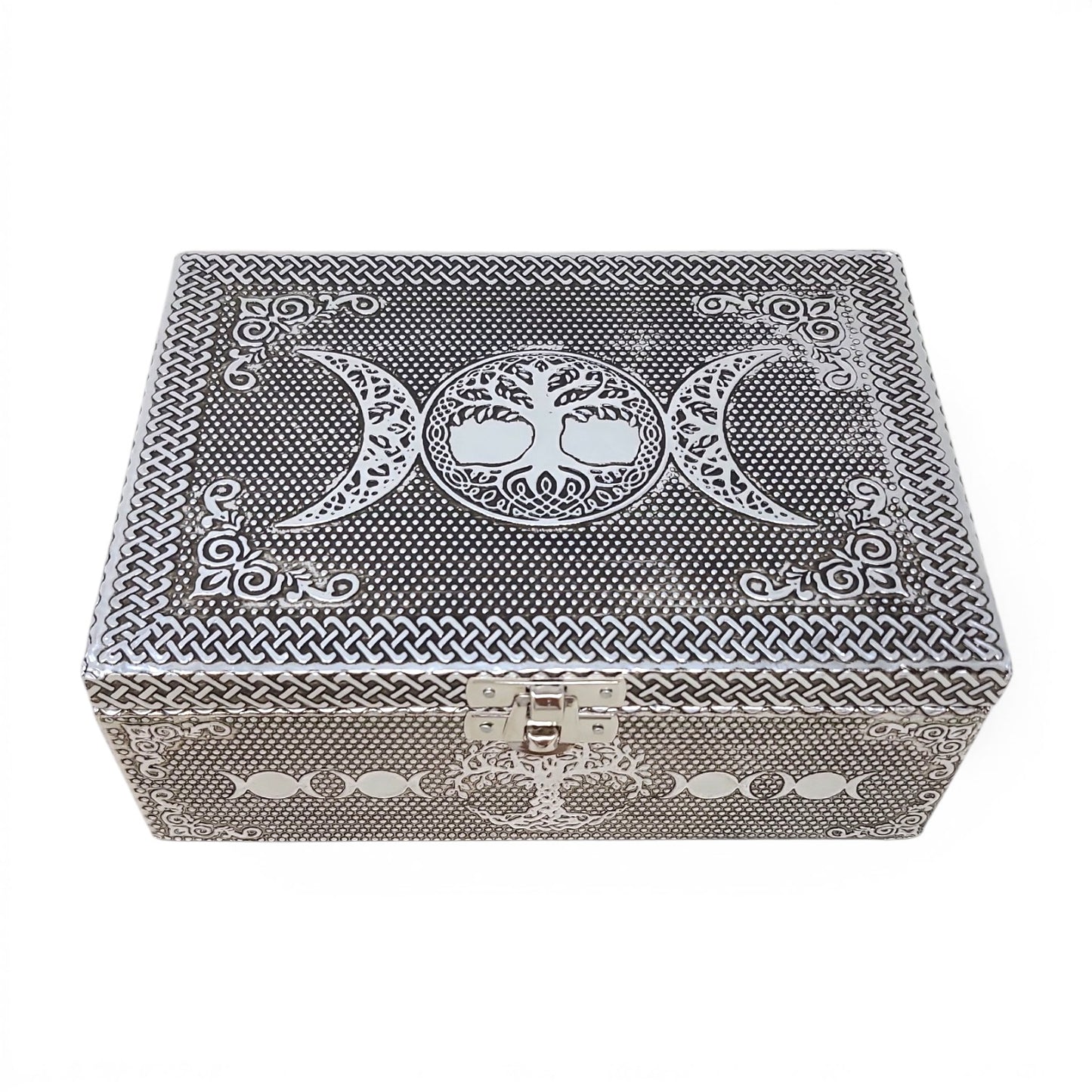 Triple Moon Tree of Life Carved Wood Over Metal Box