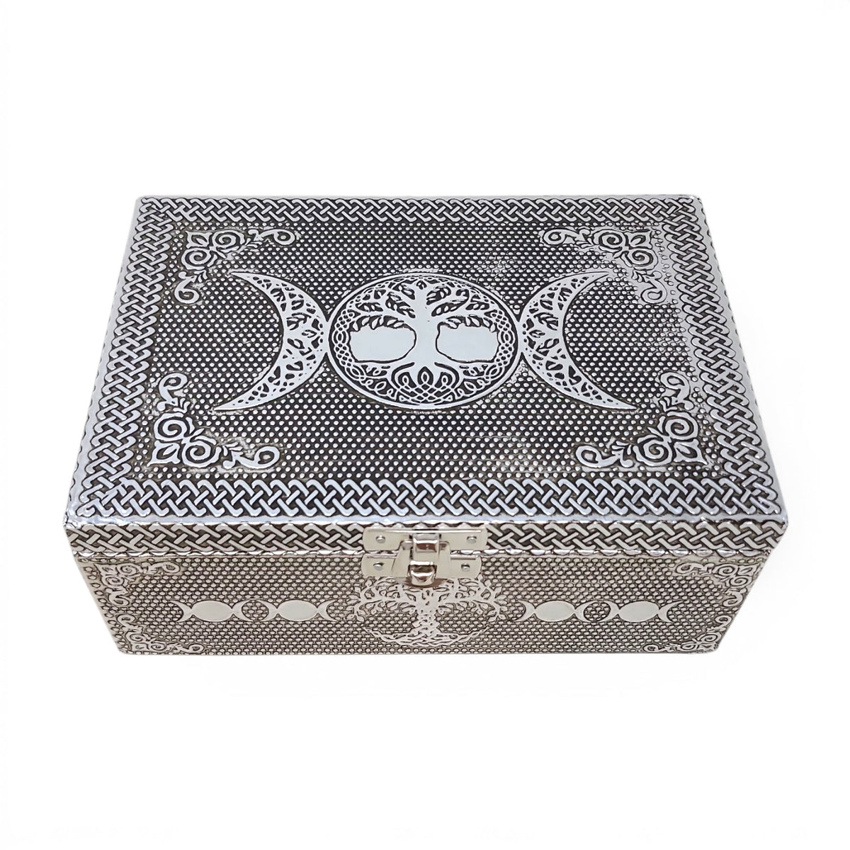 Triple Moon Tree of Life Carved Wood Over Metal Box