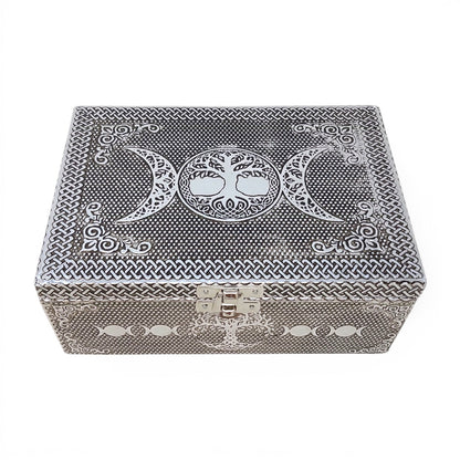 Triple Moon Tree of Life Carved Wood Over Metal Box