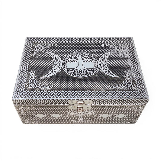 Triple Moon Tree of Life Carved Wood Over Metal Box