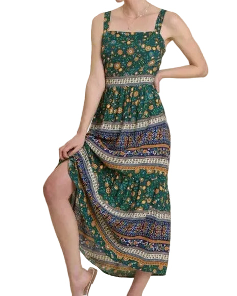 Floral Border Print Sleeveless Tiered Maxi Dress