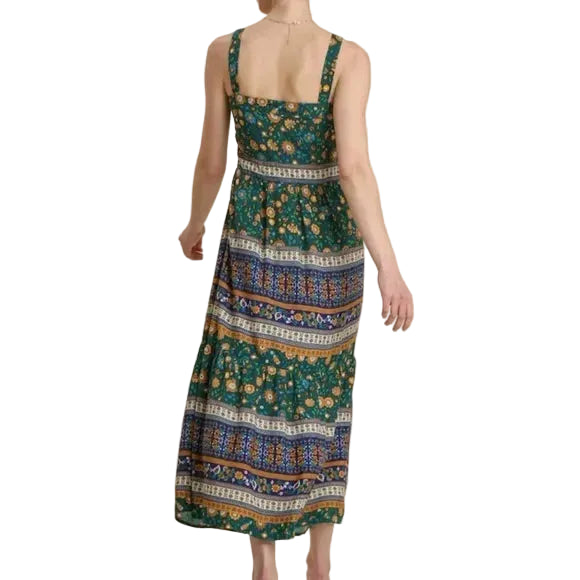 Floral Border Print Sleeveless Tiered Maxi Dress