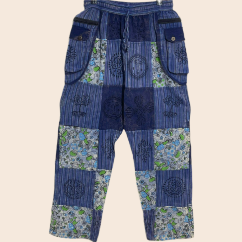 Cotton Blue Patchwork Mushroom Pants