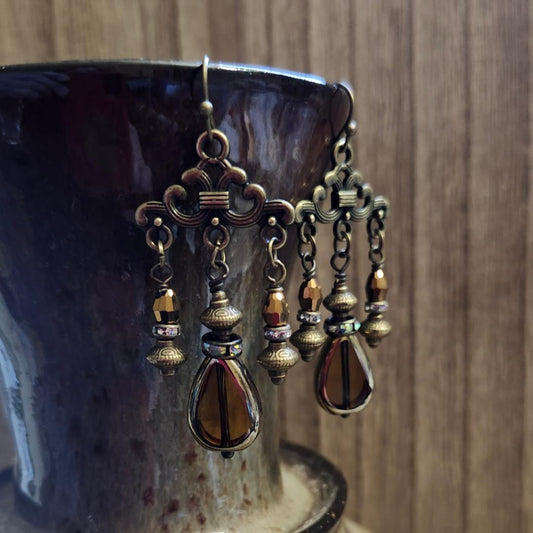 Antique Bronze, Crystal, and Pressed Glass Earrings