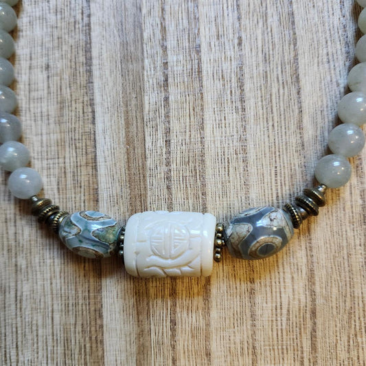 Tiger Eye, DZI, and Carved Coral Necklace