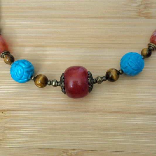 Carved Turquoise,  Fire Agate , and Horn Necklace