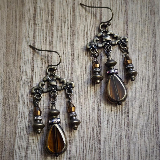 Antique Bronze, Crystal, and Pressed Glass Earrings