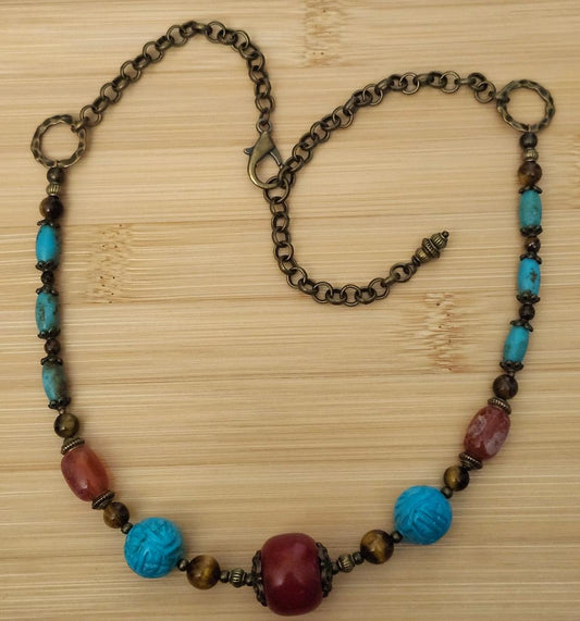 Carved Turquoise,  Fire Agate , and Horn Necklace