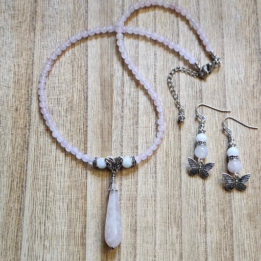 Moonstone and Rose Quartz Butterfly Necklace