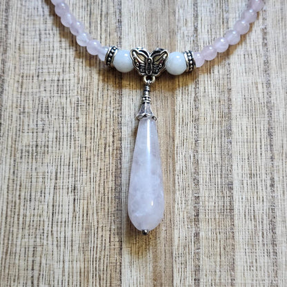 Moonstone and Rose Quartz Butterfly Necklace
