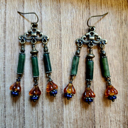Jade Earrings with Tiny Glass Flowers
