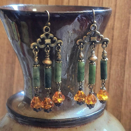 Jade Earrings with Tiny Glass Flowers