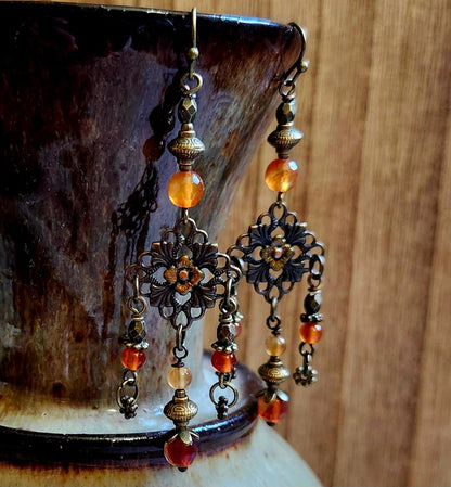 Carnelian, Filagree, Boho Earrings