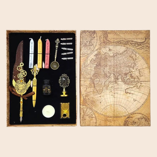 Steampunk Feather Quill Writing & Wax Seal Set