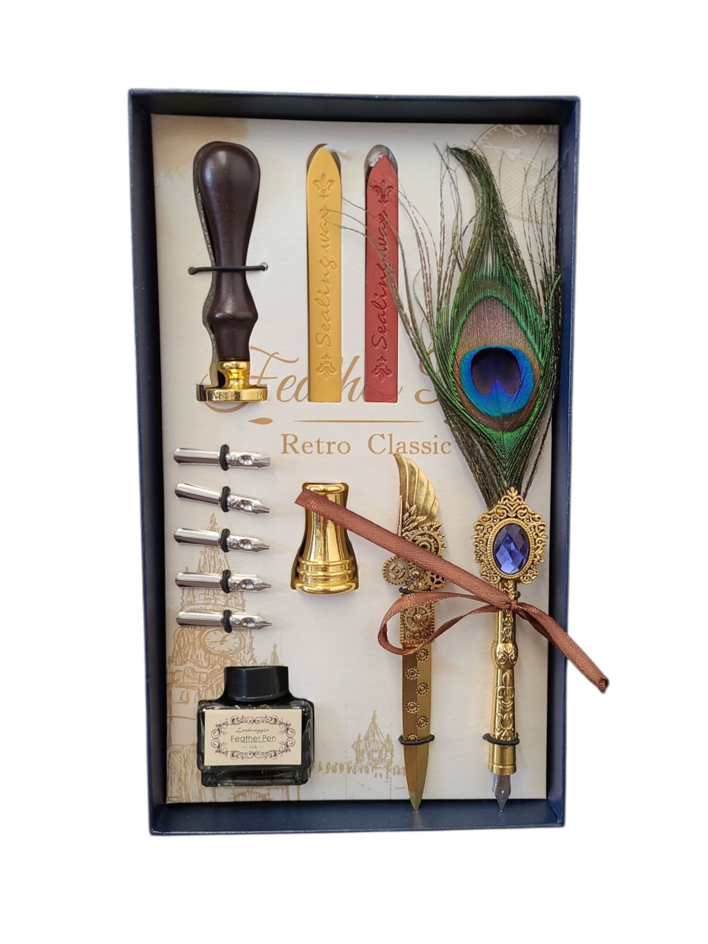 Peacock Quill Pen Dip and Wax Stamp Set