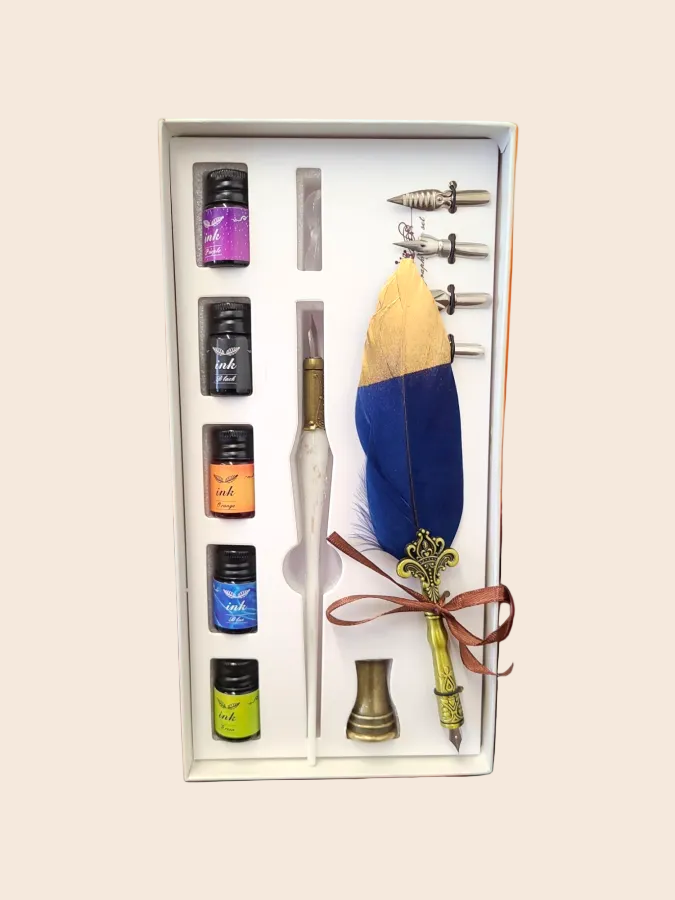 Gold and Blue Feather Quill Set