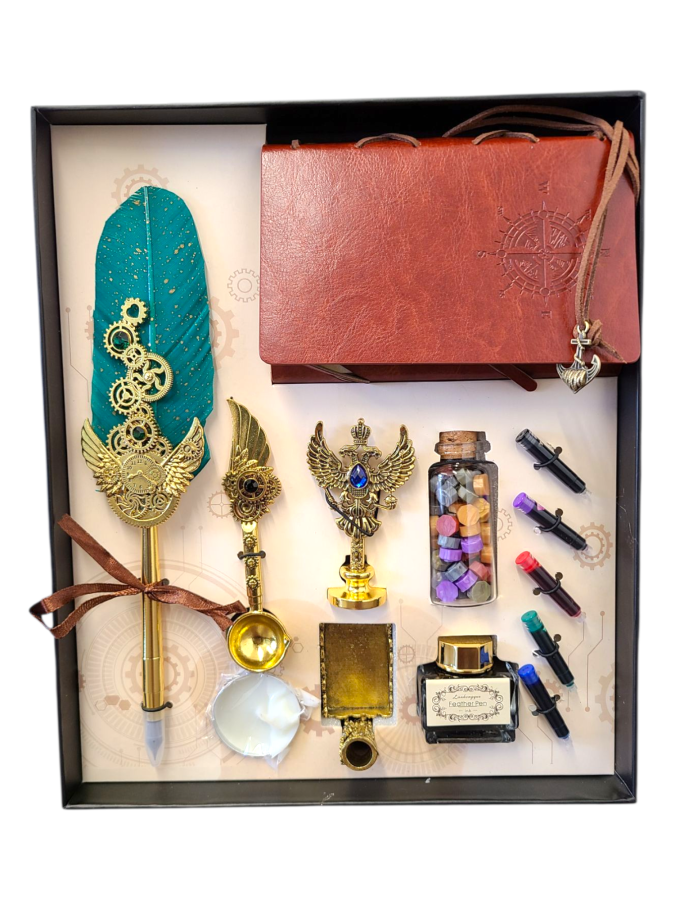 Blue Steampunk Feather Quill Pen Dip Set