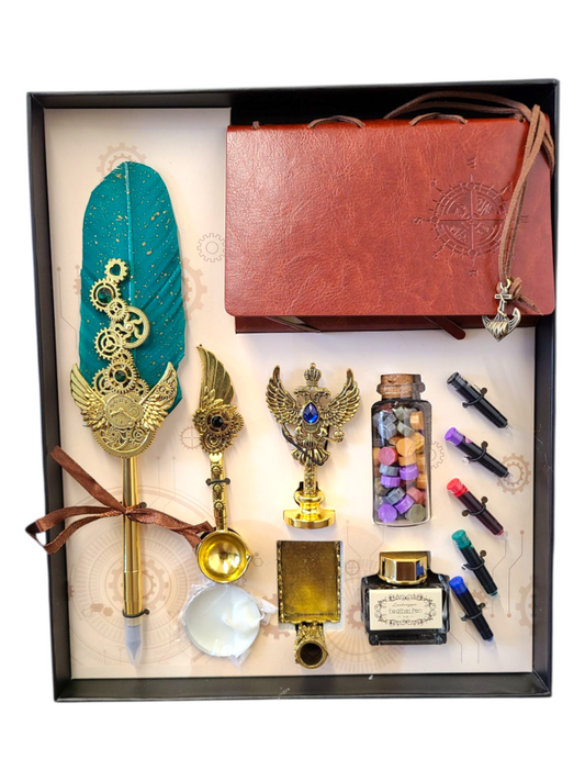 Blue Steampunk Feather Quill Pen Dip Set